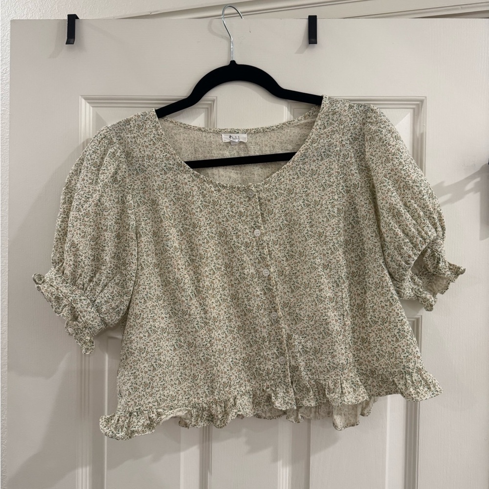 Floral Button-Front Puff Sleeve Blouse - Green